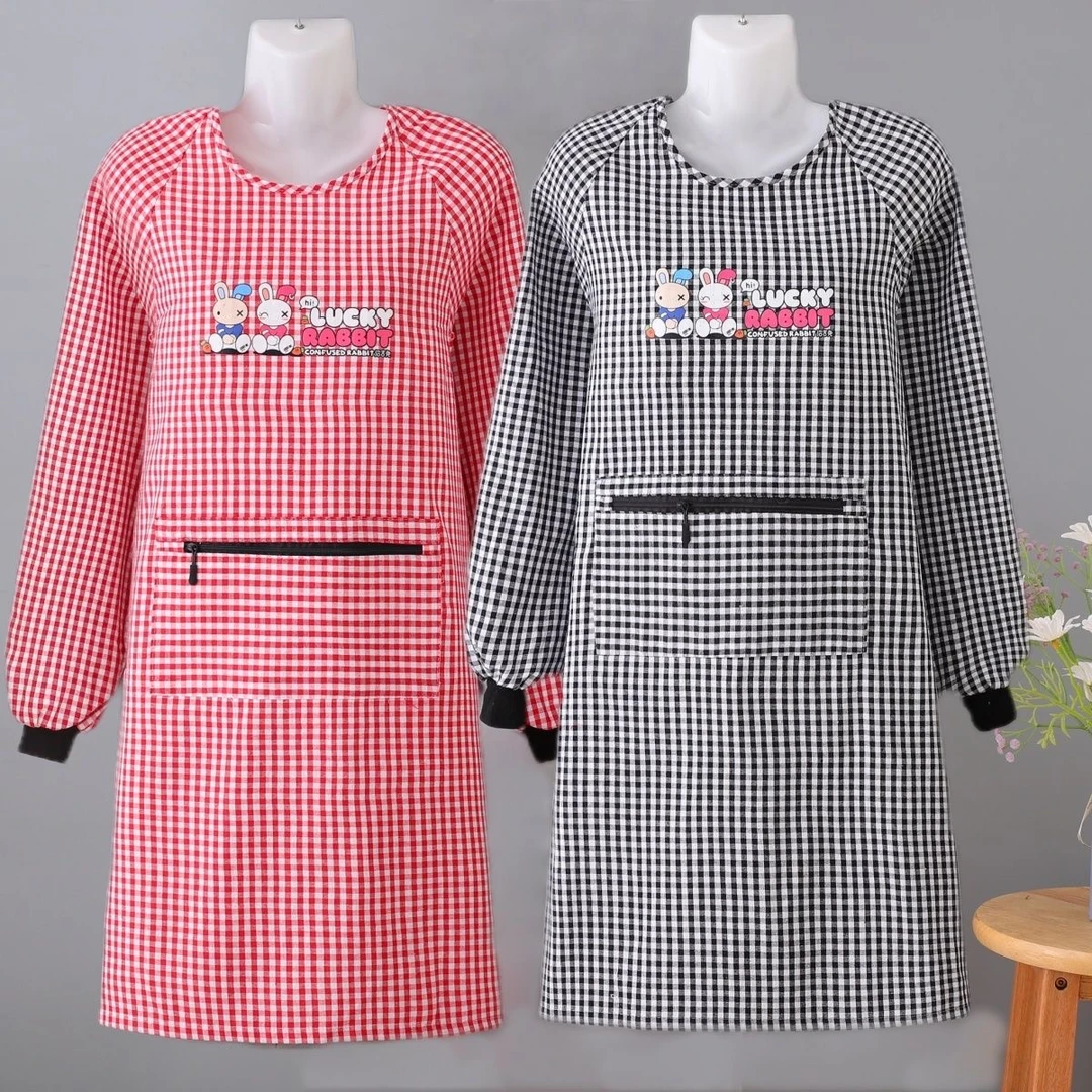 拉链兜纯棉带袖围裙家用厨房做饭防污耐脏上班工作服长袖罩衣防油