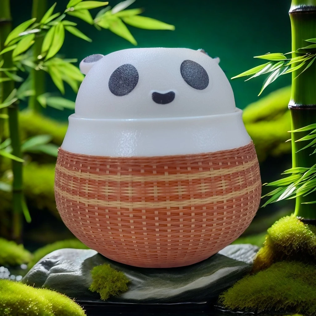 扣瓷竹编熊猫陶瓷茶叶罐小巧精致家用防潮储茶罐创意密封茶仓