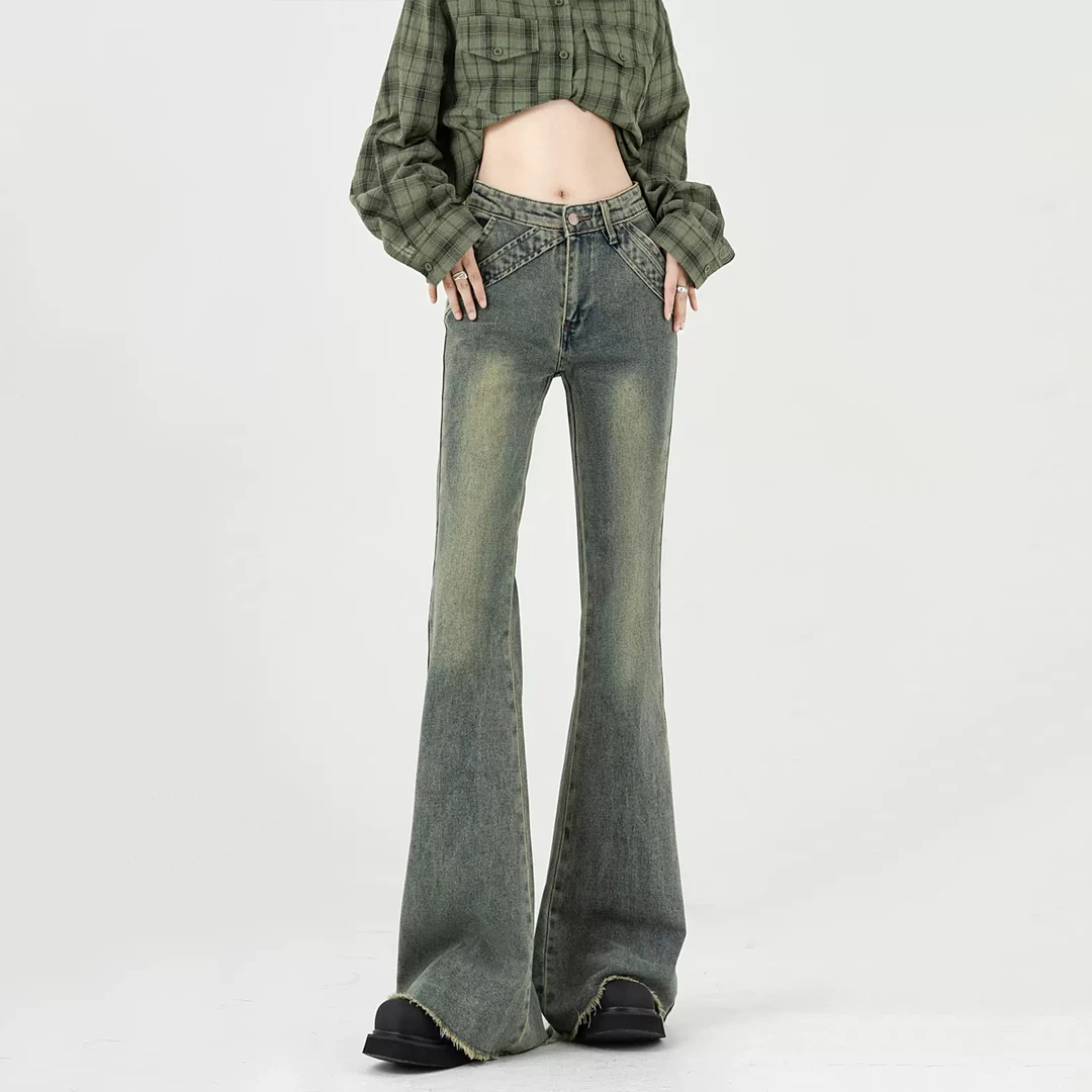 千禧蓝高腰微喇春季新款宽松阔腿设计感显瘦喇叭拖地马蹄牛仔裤女