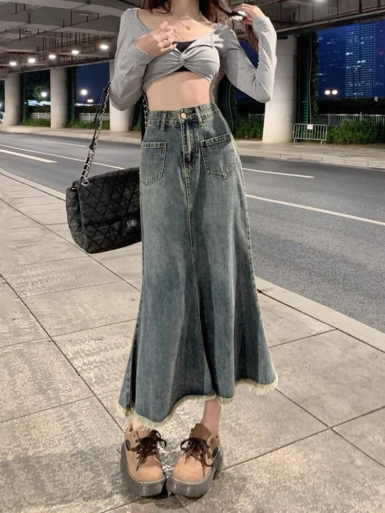 SSYR5818大码复古百搭设计感不规则长款显瘦包臀鱼尾裙女韩版A字