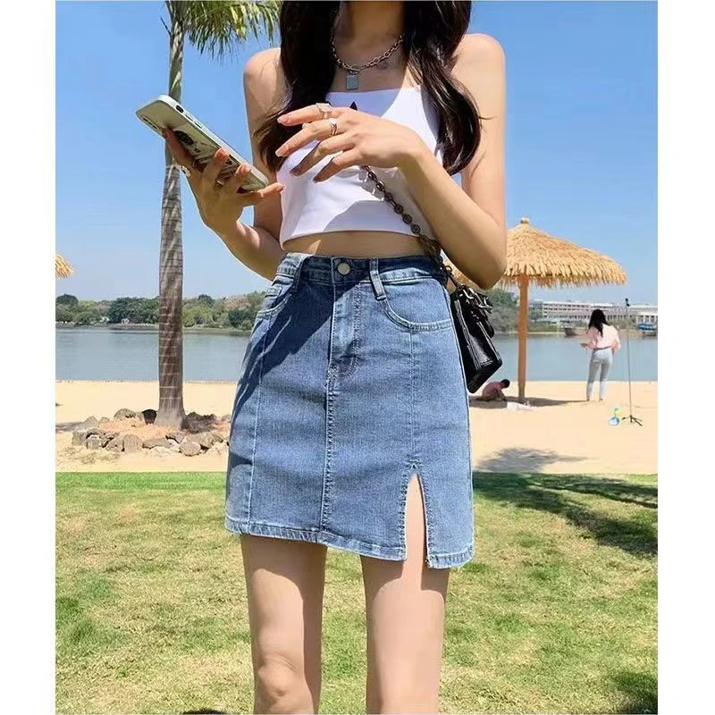 大码胖mm弹力牛仔裙半身裙女高腰显瘦a字短裙裤开叉裙子DQ5970