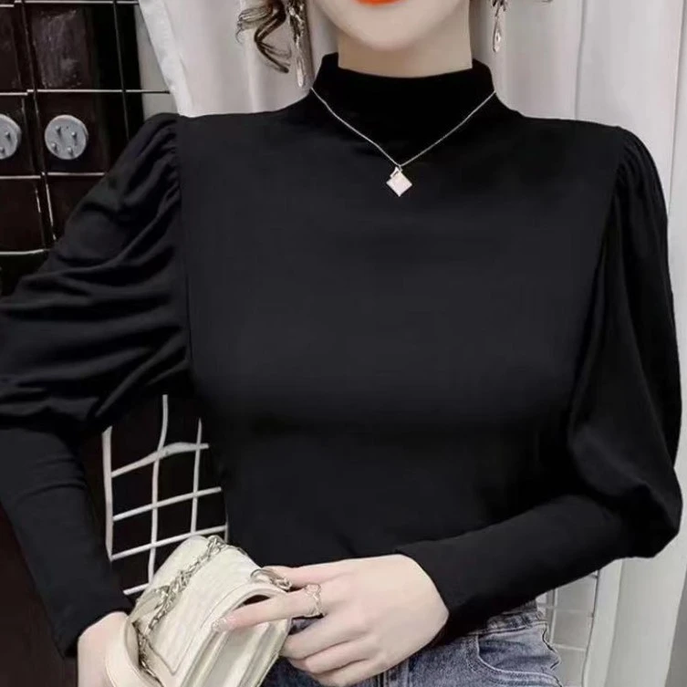 纯色高弹不规则纹理半高领圆领打底衫针织衫女装长袖时尚洋气