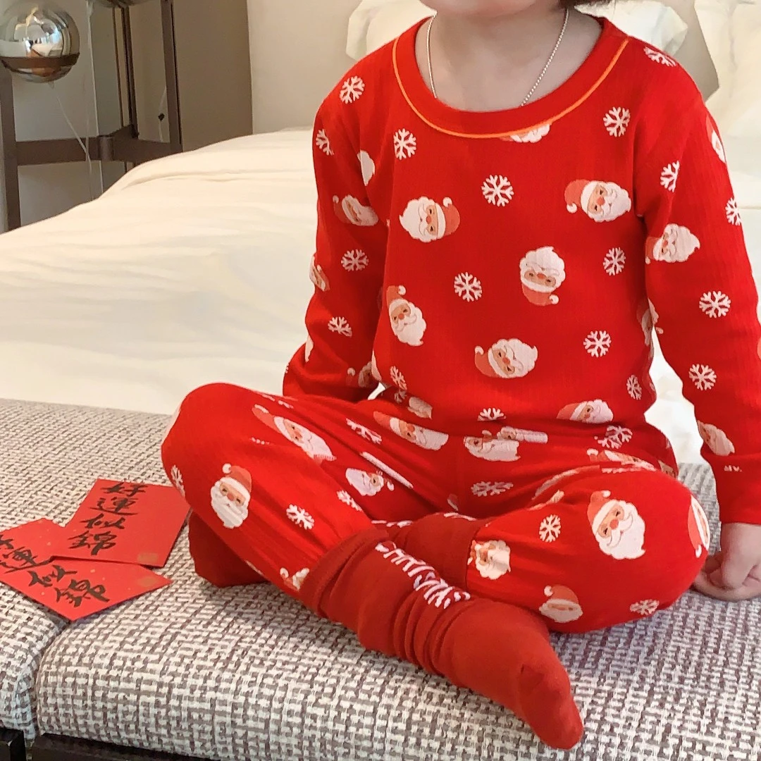 儿童大红拜年服冬款宝宝冬睡衣长袖纯棉套装喜庆儿童睡衣家居服