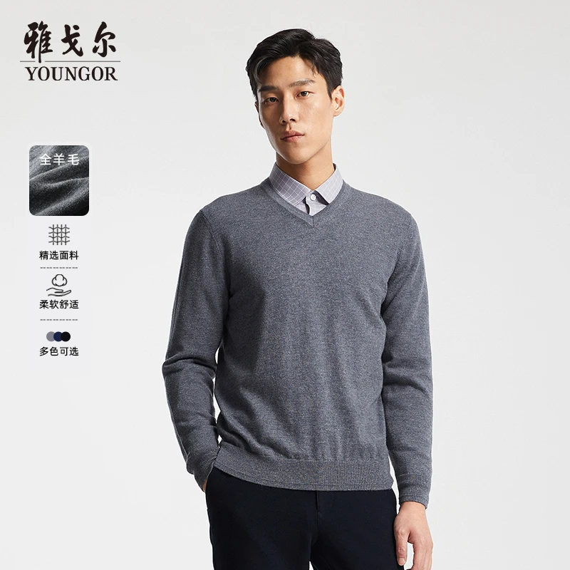 【100绵羊毛】雅戈尔秋冬绵羊毛套头商务休闲时尚保暖V领羊毛衫男士