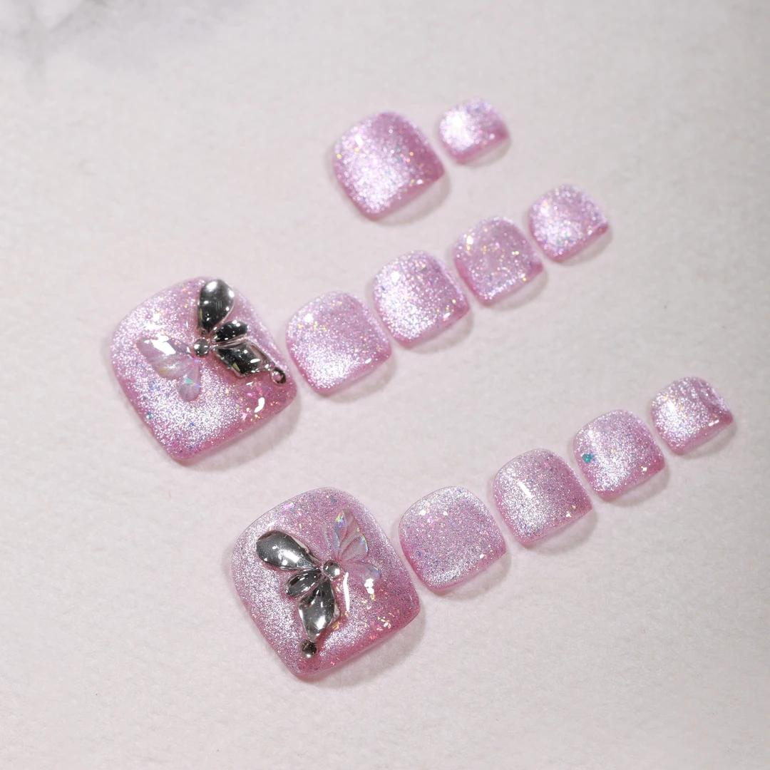 【桃色蝴蝶】手工穿戴甲源头工蝴蝶猫眼高级感脚趾新款美甲贴片