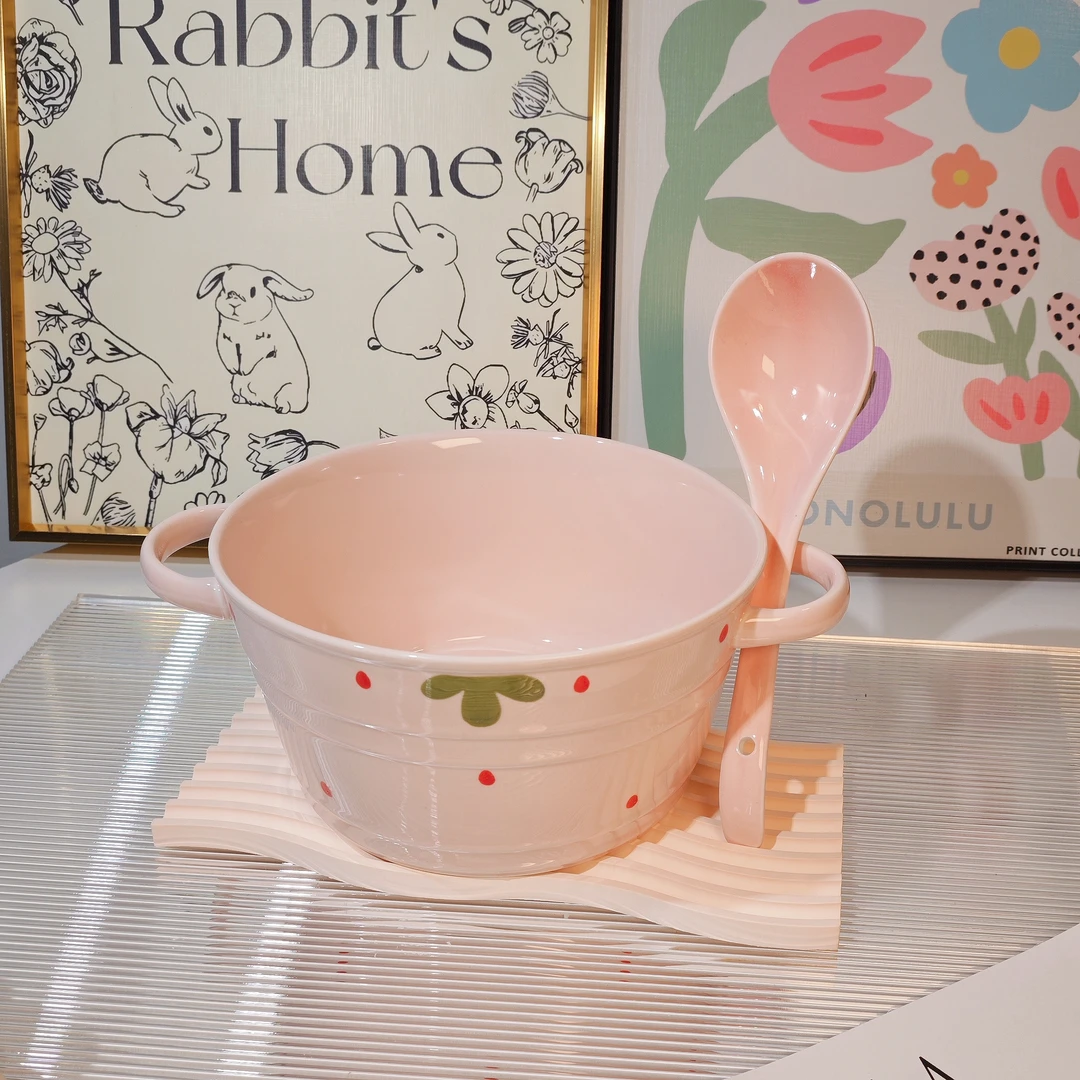 【大汤碗+汤勺】家用汤碗奶油粉双耳汤碗草莓陶瓷餐具汤碗大容量