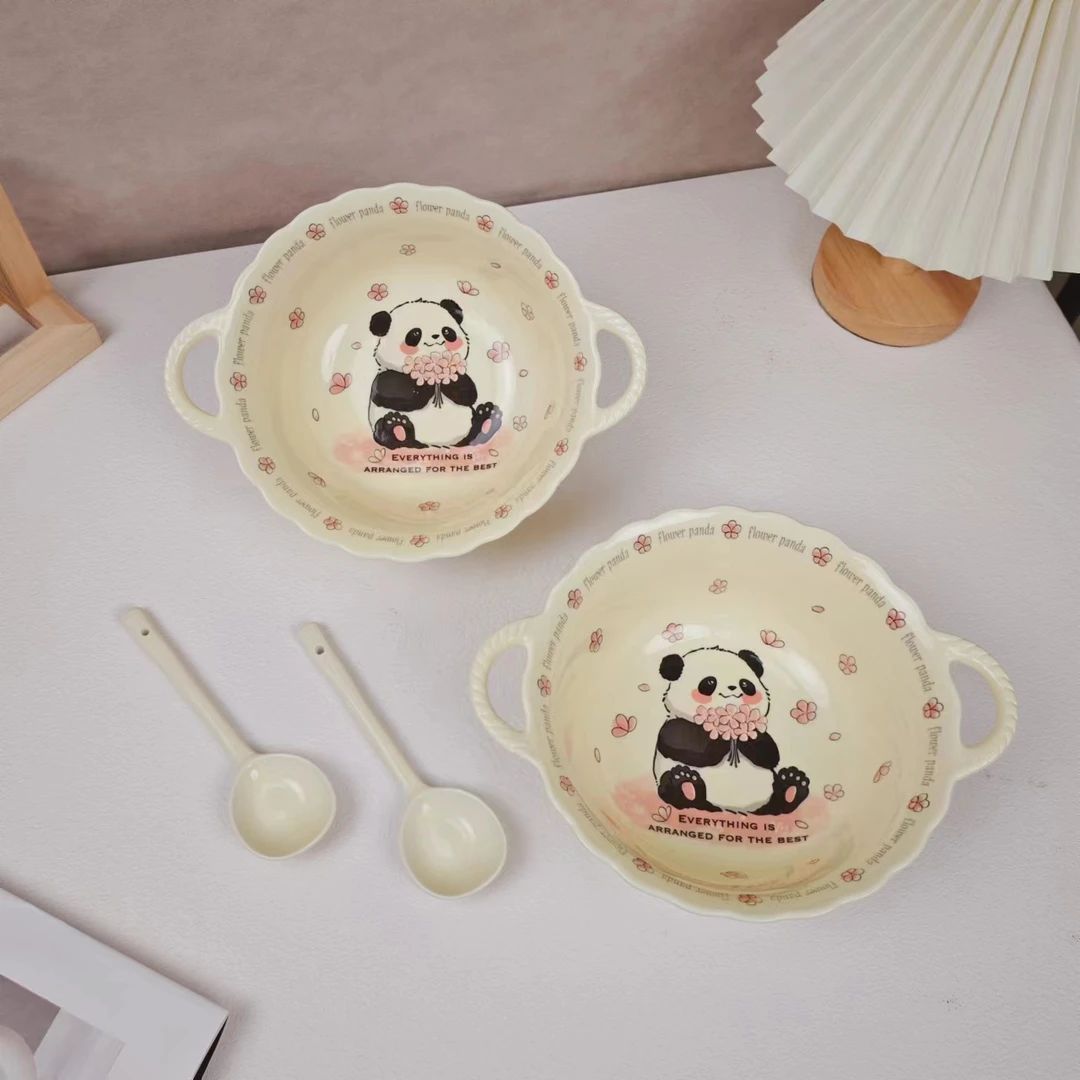 【9.5寸双耳汤碗】奶油风樱花熊家用碗套装陶瓷餐具组合大碗汤碗勺