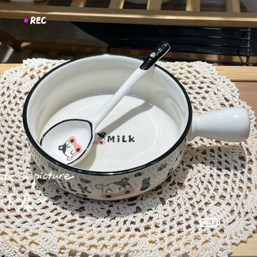 【2件套】陶瓷奶牛手吧碗长柄勺米饭碗套装宿舍碗甜品家用餐具勺子