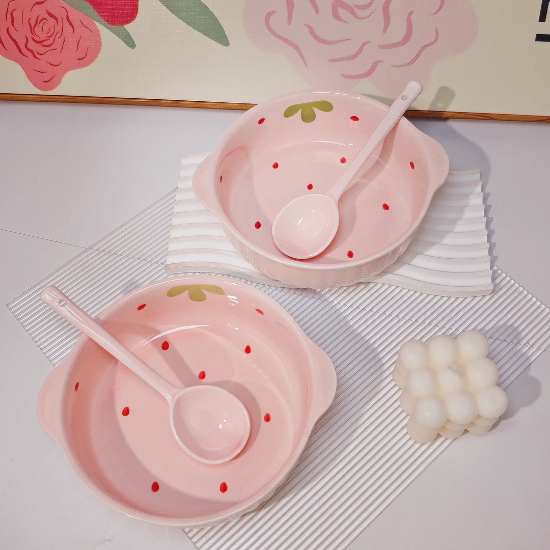 【2碗2勺】奶油粉草莓可爱面碗饭碗喝汤双耳碗勺套装陶瓷餐具家用碗