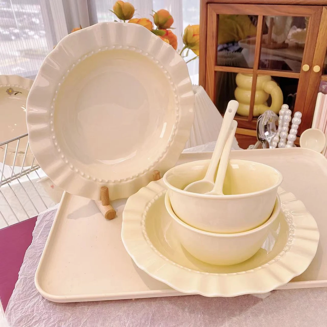 【6件套】家用陶瓷釉下彩奶油风草帽盘水果盘米饭碗勺子碗餐具套装