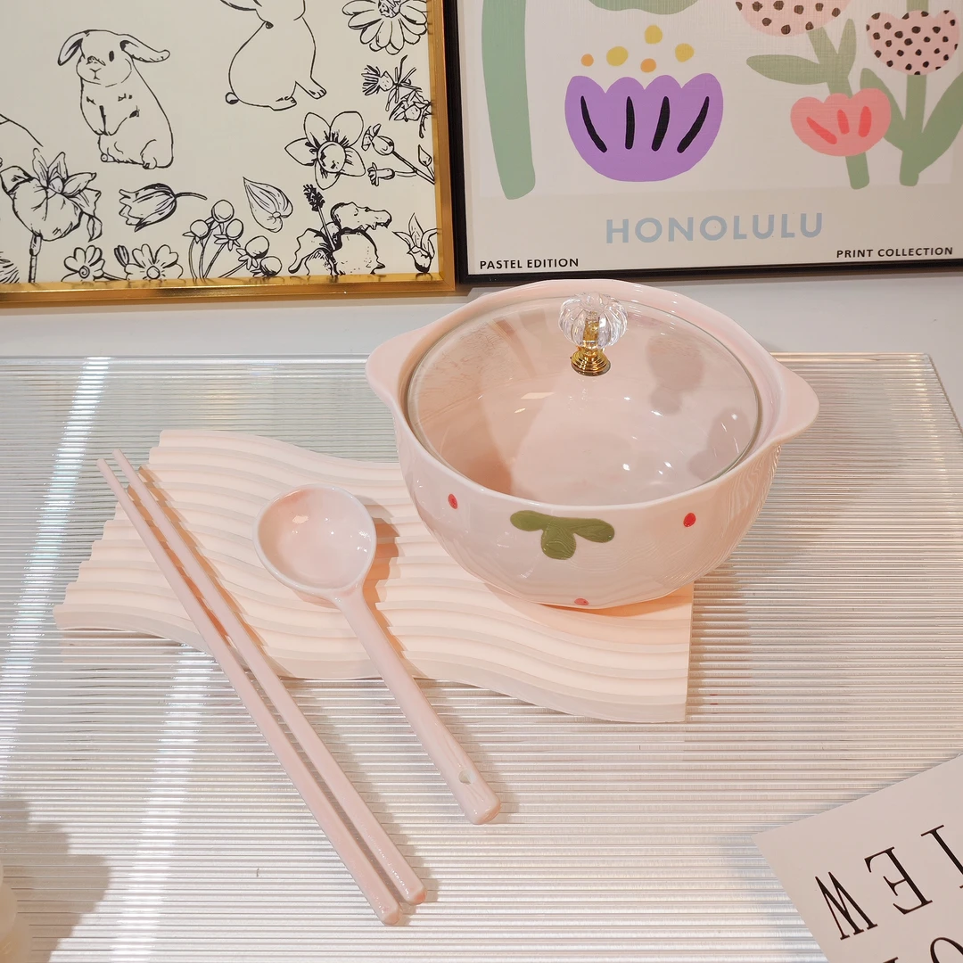 【泡面碗+勺+筷子】奶油粉家用泡面碗勺套装装汤碗家用宿舍陶瓷餐具