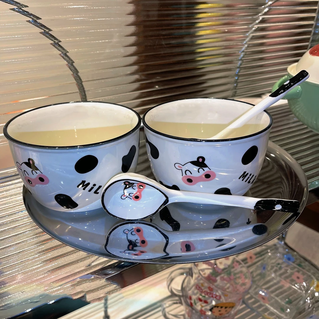 【2碗2勺/4件套】奶牛陶瓷碗家用碗盘套装勺饭碗奶牛卡通可爱餐具