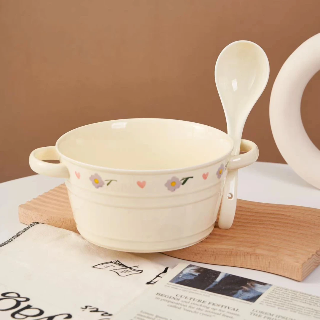 【大汤碗+汤勺】奶油风汤碗双耳汤碗紫藤花陶瓷餐具家用汤碗大容量