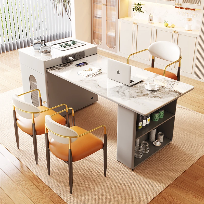 小户型岩板岛台餐桌椅一体家用长方形中岛台厨房餐边柜子现代简约