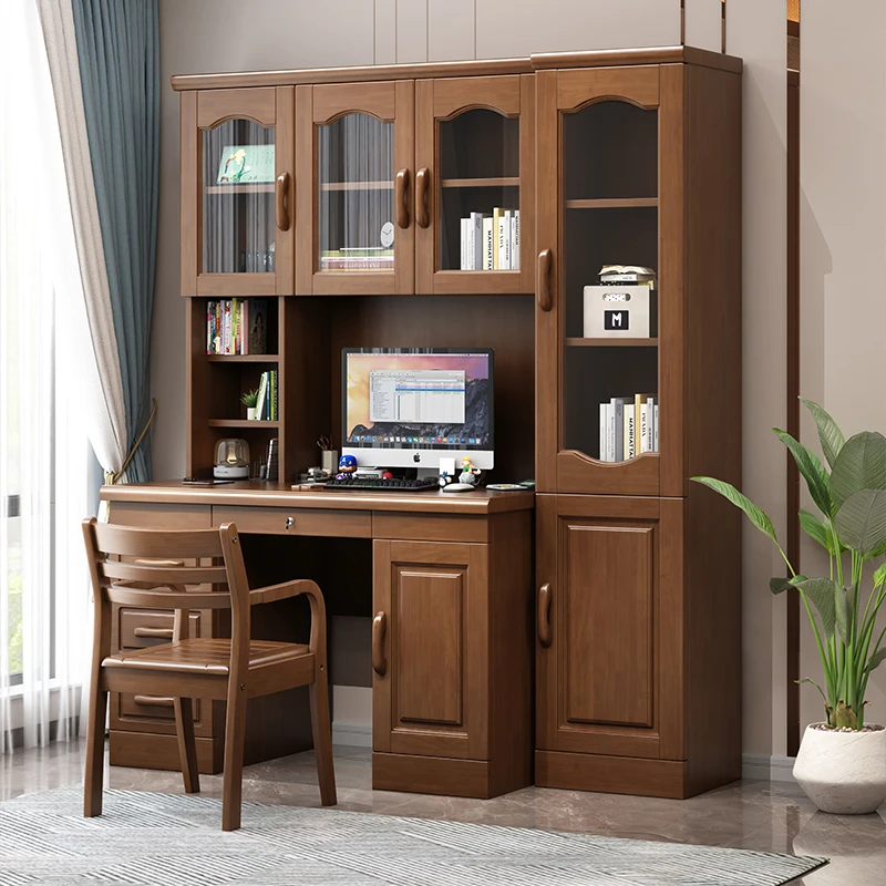 源源有为实木书桌桌子成人电脑桌办公写字台家用学习书桌书柜一体