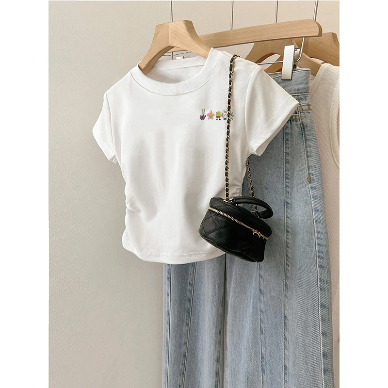 女童短袖t恤夏季2025新款中大儿童短款修身纯棉褶皱上衣洋气时髦