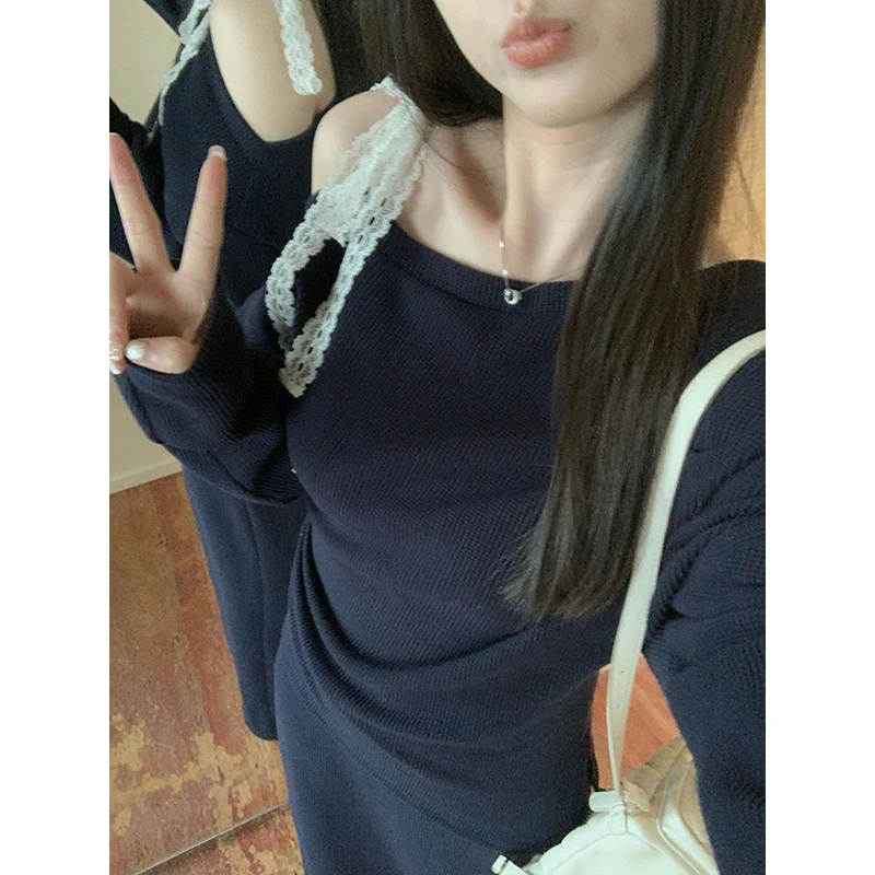 YOKLASS少女家 【现】藏青色斜领蕾丝针织衫直筒半裙套装 S25236S43