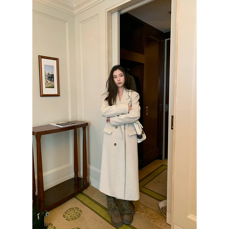 YOKLASS少女家 【现】杏白色长款单面呢外套韩版显瘦大衣 N26059S44