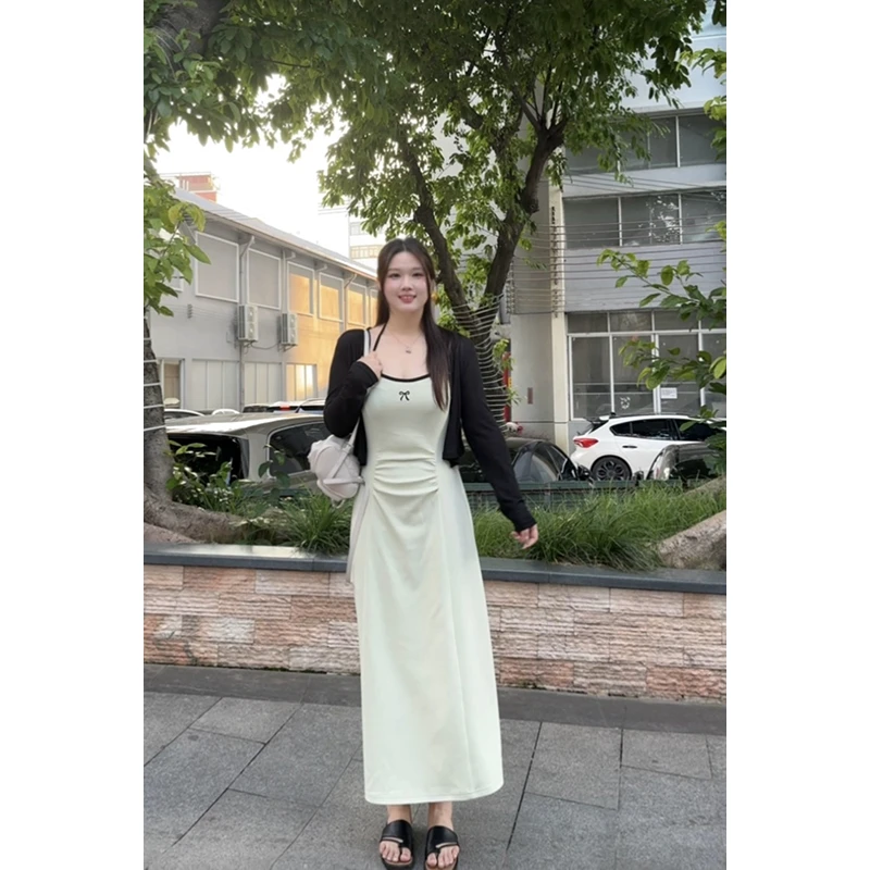 王少女【清清】绿色针织撞色挂脖连衣裙夏季显瘦裙子 L21265S42