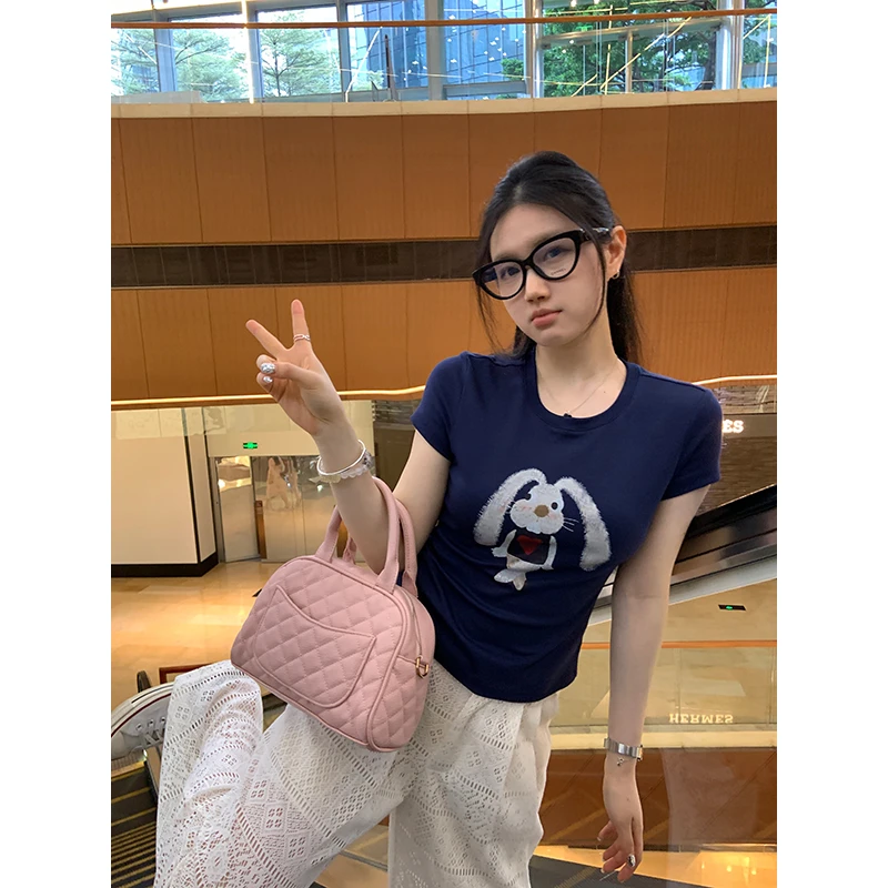 王少女【现】藏蓝色印花百搭短款T恤夏季微胖显瘦短袖T21774S42