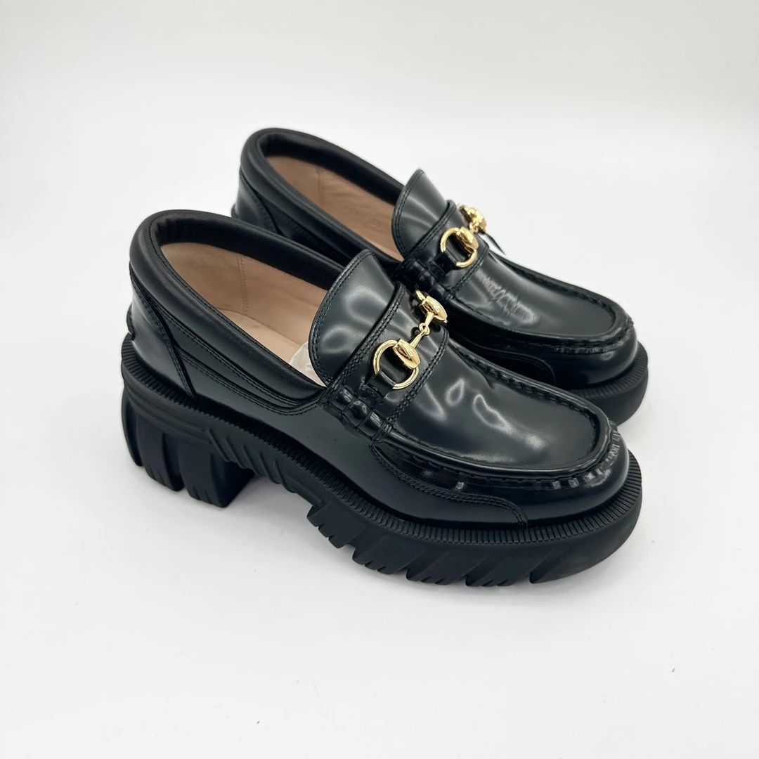 古驰/35码/黑色马衔扣高跟乐福鞋/98新/pp425946