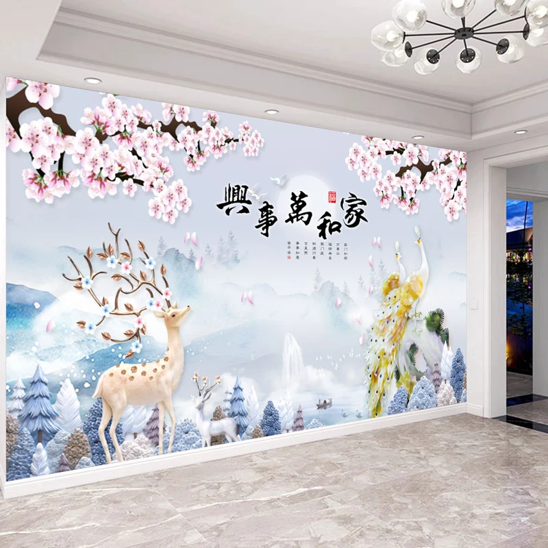 家和万事兴麋鹿孔雀背景墙沙发卧室客厅影视墙电视墙纸定制壁画