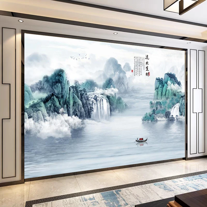流水生财山水画现代影视墙客厅卧室电视墙全屋定制背景墙丝绸布