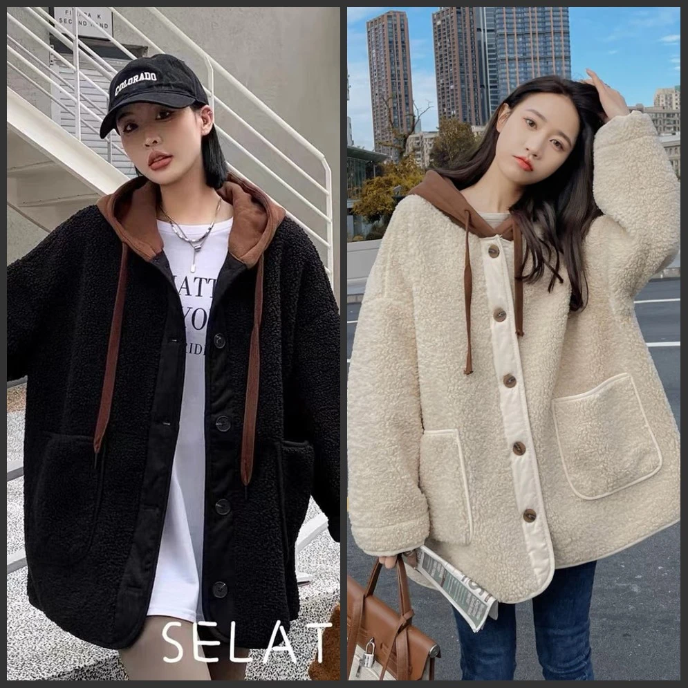 梦冬佳—100-200斤大码女装百搭连帽撞色毛绒大外套秋冬上衣小个子