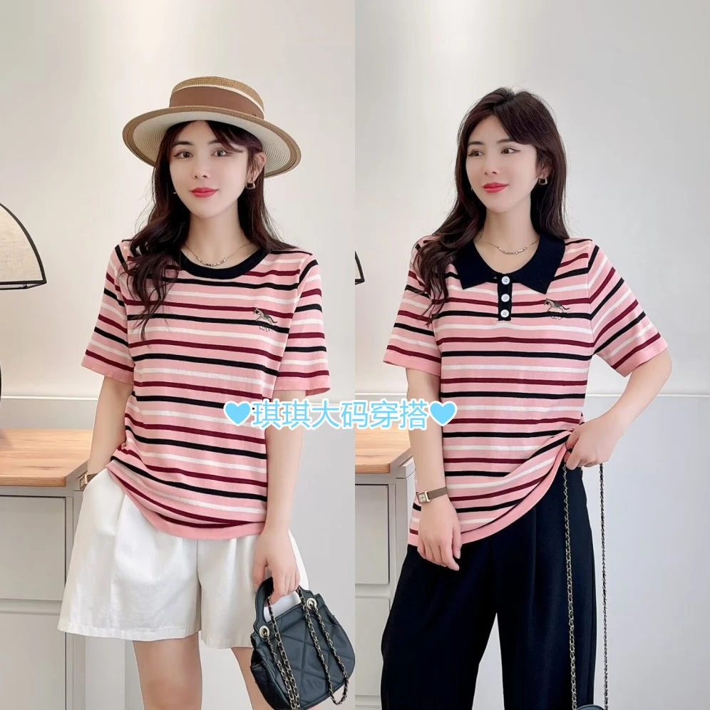 梦冬佳--100-190斤微胖女生夏季薄款针织衫条纹短袖百搭休闲上衣