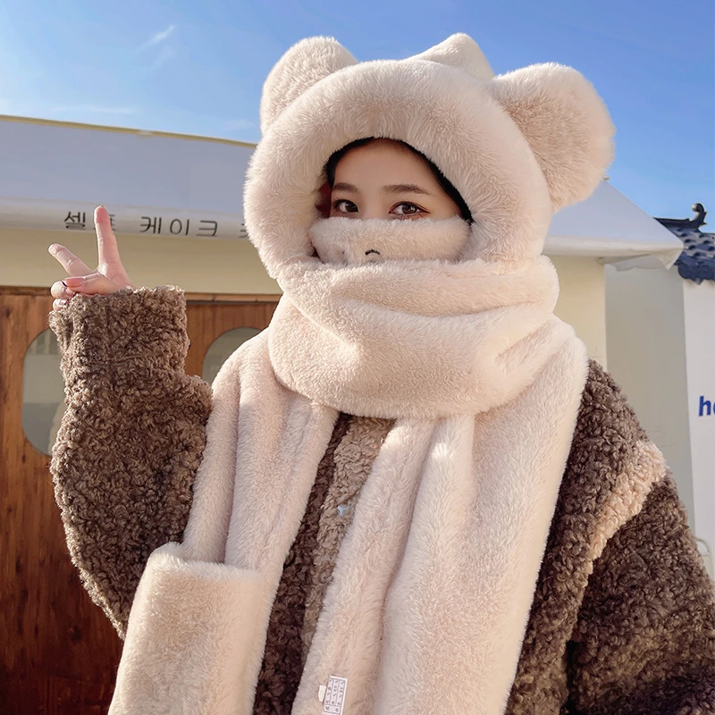 小熊帽子围巾一体女冬天骑车保暖口罩围脖手套多件套连帽护耳可爱