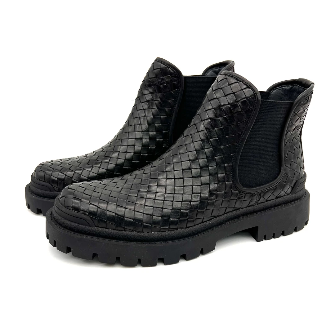 BOTAGER VIENCA/【黑武士短靴】/手工编织轻奢全牛皮高帮一脚蹬短靴