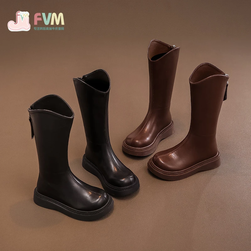 F.V.M女童鞋子儿童长靴子2024秋新款秋冬长筒女孩高筒长筒靴百搭