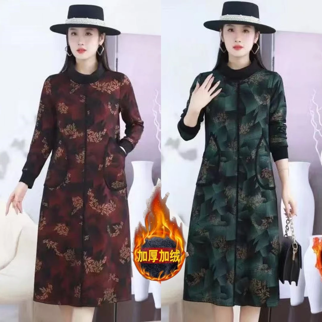 冬季新款加绒加厚遮肉显瘦连衣裙优雅气质过膝中长款女士裙子