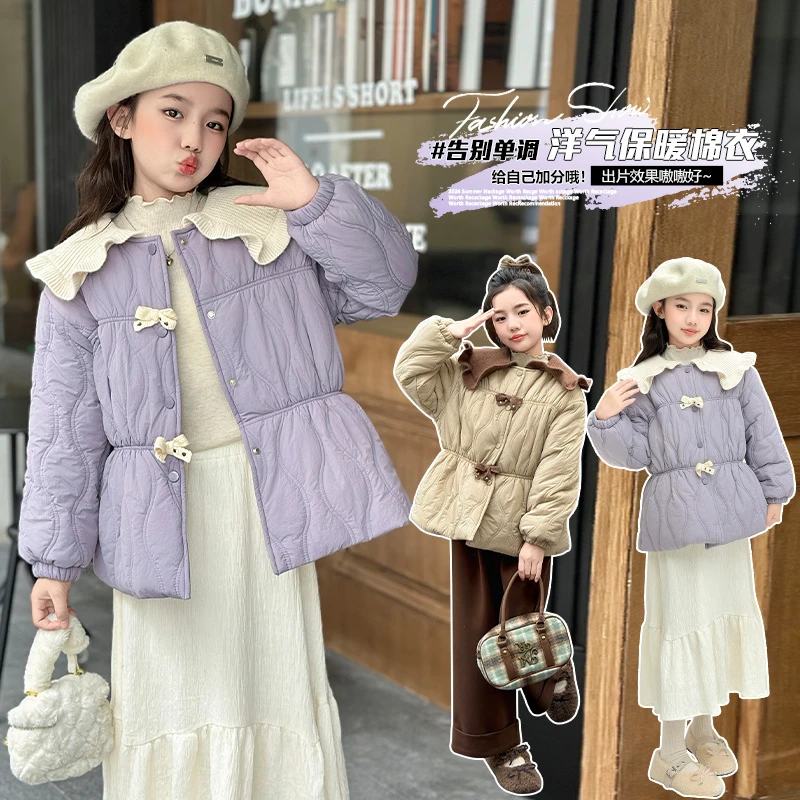 女童2024新款棉衣外套大翻领娃娃领加绒韩版女孩中大童花边领棉服