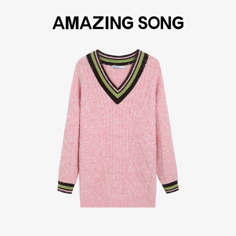 【福利】长款V领撞色扭绳毛衫秋冬百搭时尚长袖宽松毛衣女士甜美