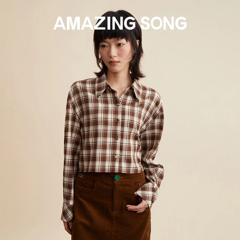 【福利】格纹短款衬衫时尚复古气质秋季长袖格纹百搭衬衫