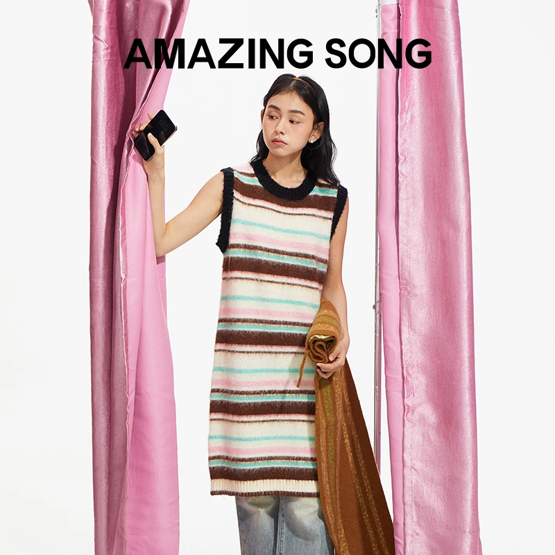 【福利】撞边彩条毛织背心裙休闲时尚宽松条纹无袖女士通勤春夏