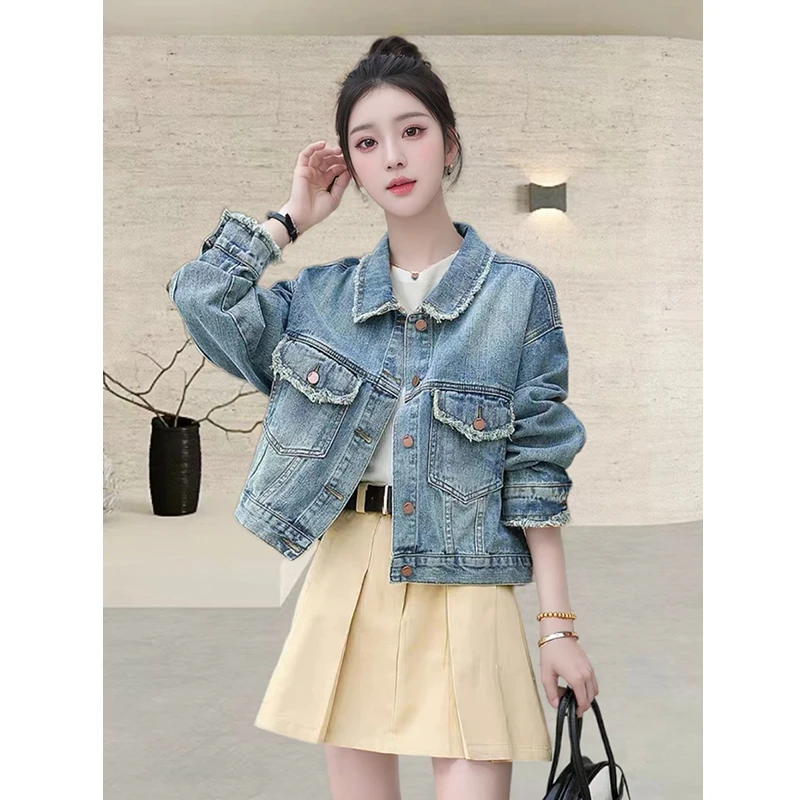 复古毛边短款牛仔外套女显瘦春季新款韩系休闲宽松夹克上衣牛仔服