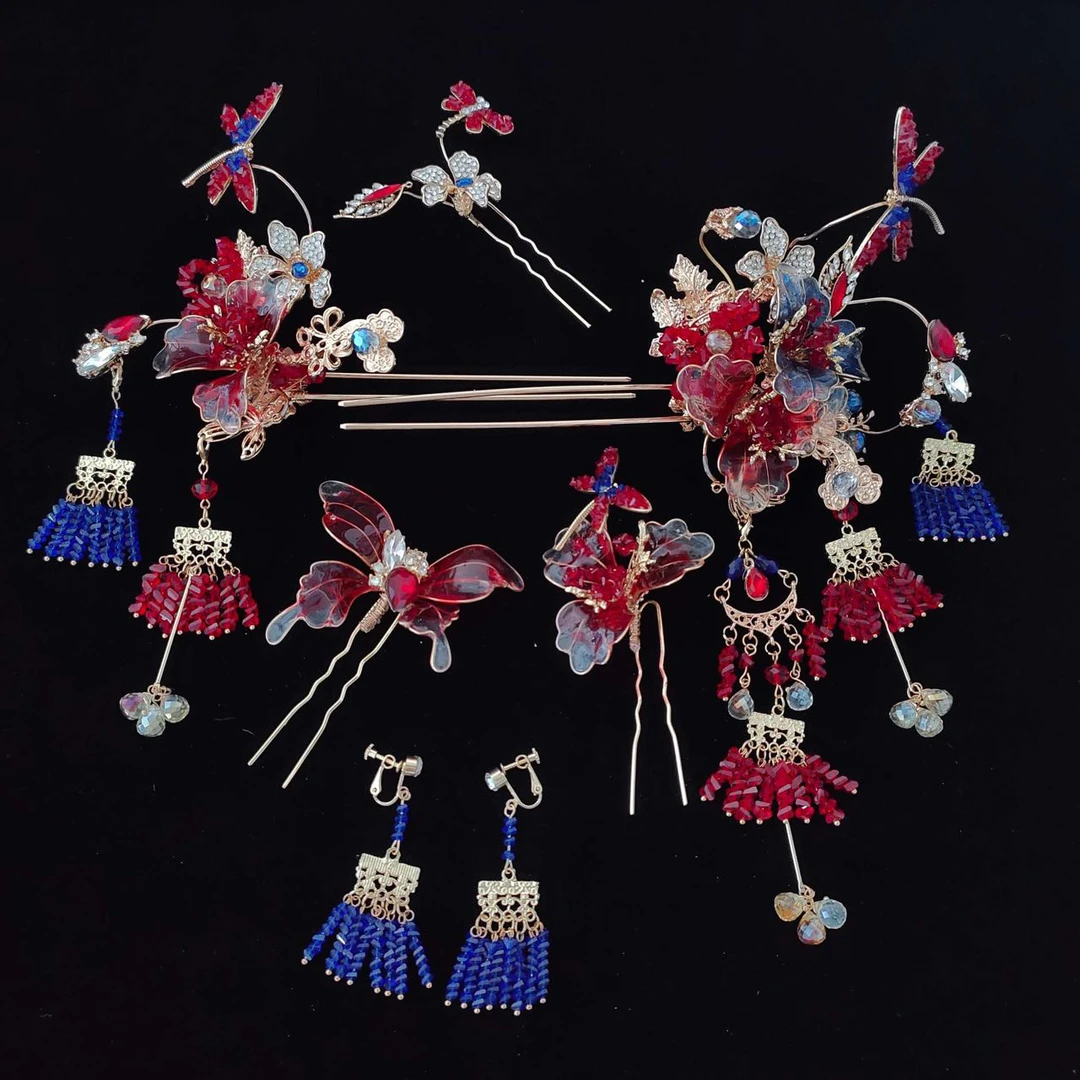 中式红蓝配色高级感新娘头饰古装秀禾服结婚饰品减龄优选