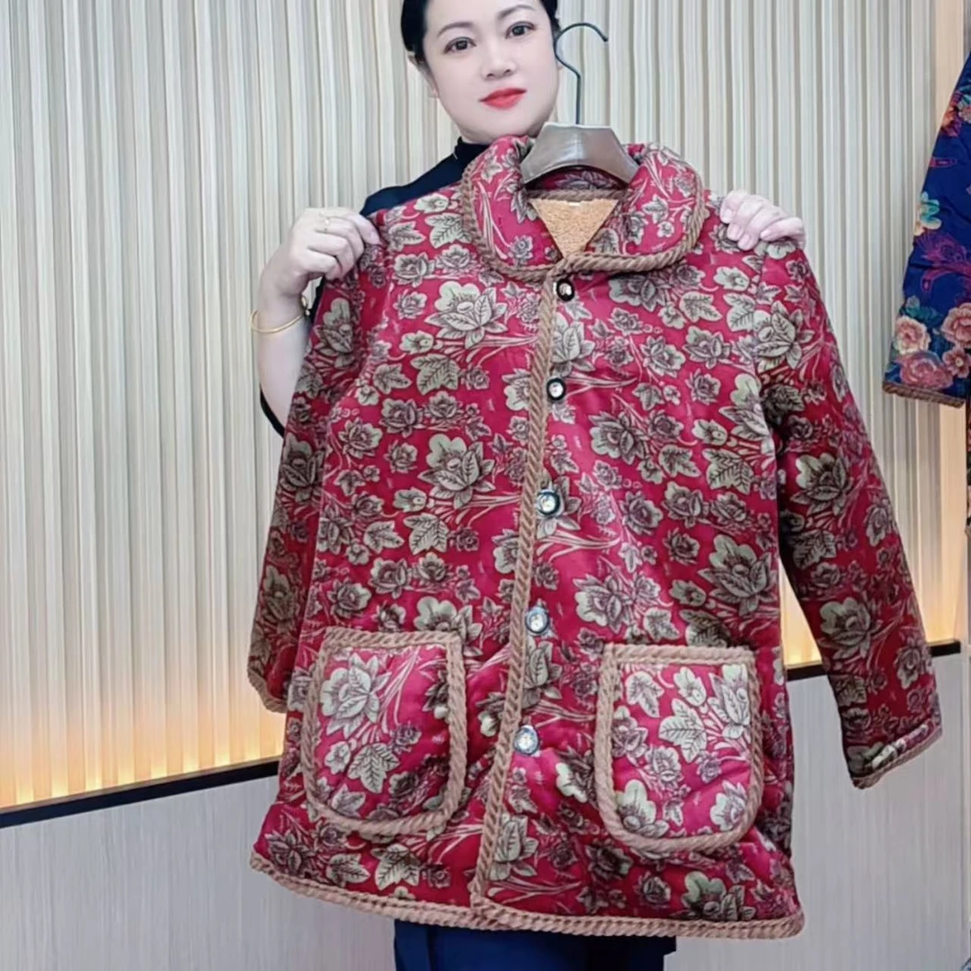 妈妈装加绒加厚印花冬季保暖花色棉衣外套老太太棉服