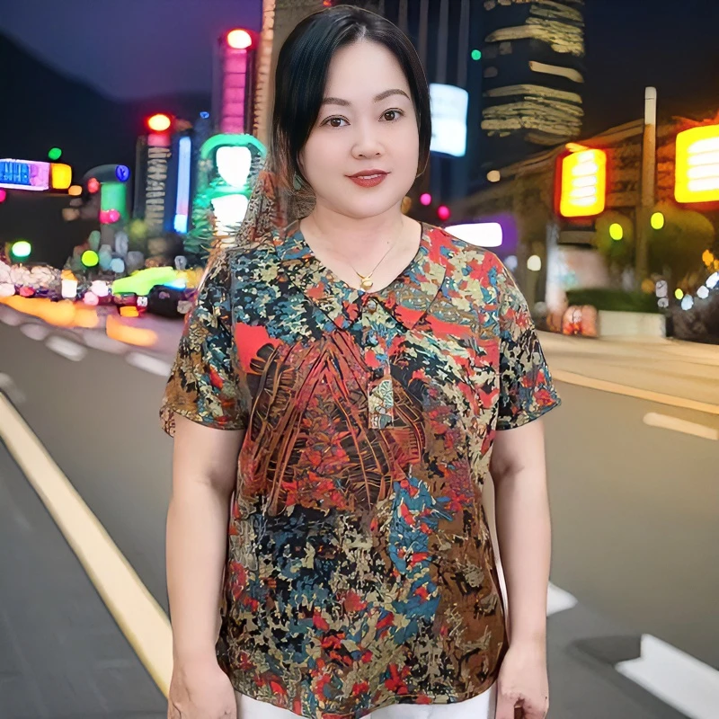 夏季妈妈装上衣老年装短袖衬衫宽松印花T恤女大码显瘦时尚小衫
