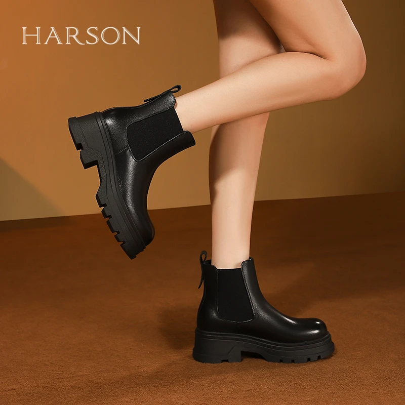 哈森厚底加绒切尔西靴女冬季新款黑色套筒弹力爆款女靴HA240608