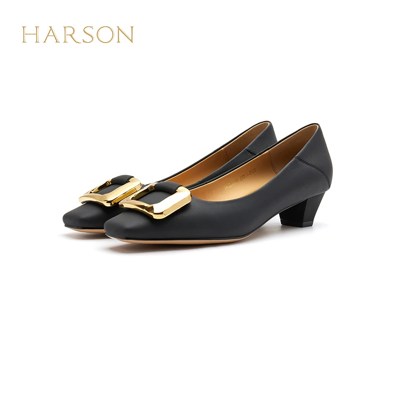 哈森2023秋季浅口粗跟气质方扣中跟皮鞋时尚通勤单鞋HWS230197