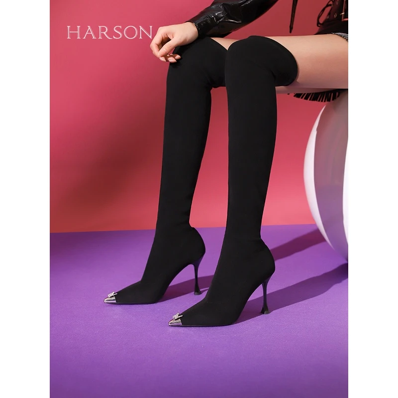 Harson/哈森秋冬时尚细跟长筒时装靴高跟尖头弹力瘦瘦靴HWA230162