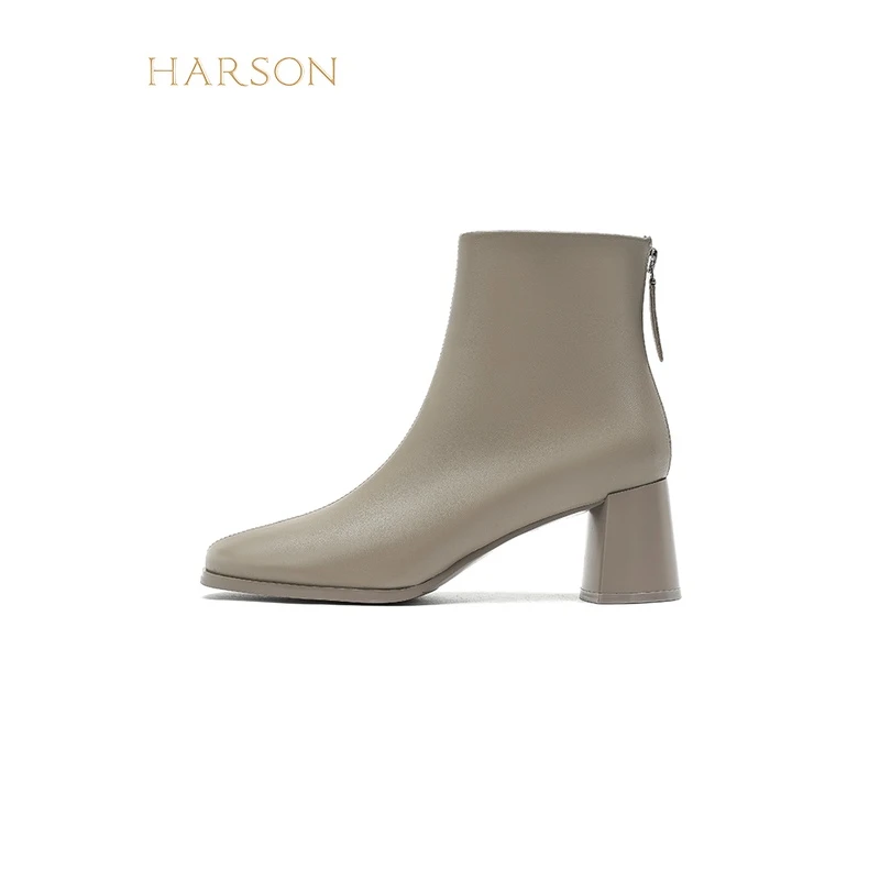 哈森2023冬季新款时尚短筒时装靴后拉链羊皮柔软短靴HWA230113