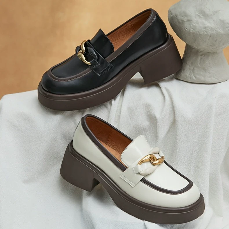 哈森秋季新款英伦风休闲百搭时尚撞色高跟厚底JK乐福鞋HL221602