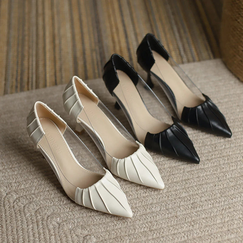 KABINGNI/卡冰妮57CM2025新款秋季百搭拼接PVC中跟高跟细跟单鞋女