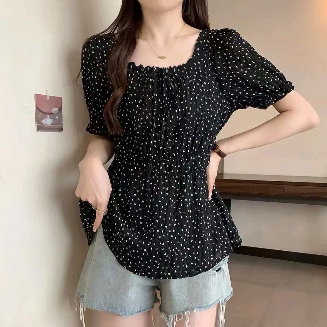 大码法式减龄方领正肩短袖衬衫女夏季收腰遮肉巨显瘦小衫上衣