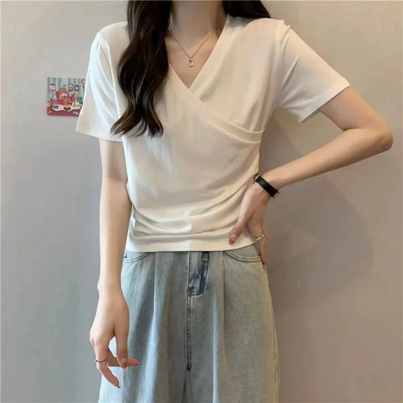 夏季正肩短袖t恤女设计感小众胖mm显瘦别致独特v领交叉短款上衣
