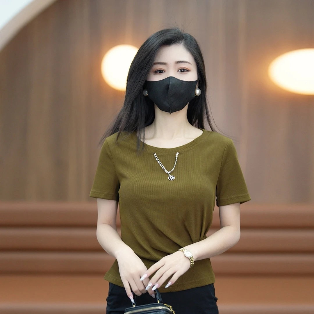 新款百搭时尚女士t恤收腰显瘦小众特色春夏新款修身气质圆领上衣